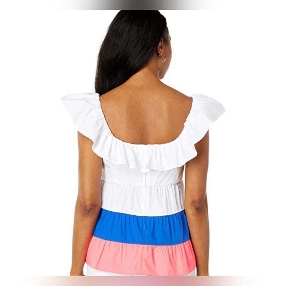 Lilly Pulitzer Emie babydoll Ruffle Top Neon pink, Blue & White Size 10 NWT - Picture 2 of 6